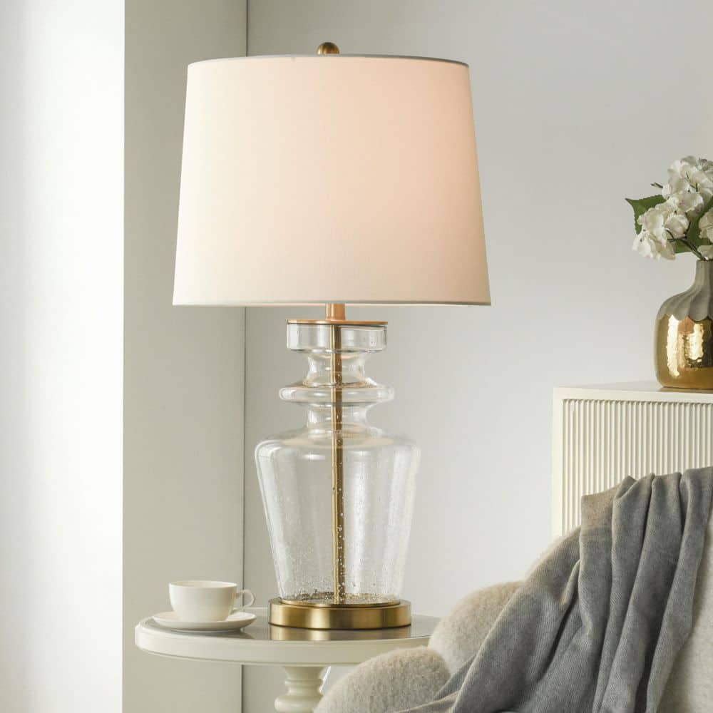 30 in. Clear, Gold Contemporary Bedside Table Lamp for Living Room with White Linen Shade price history on PriceWatchPro