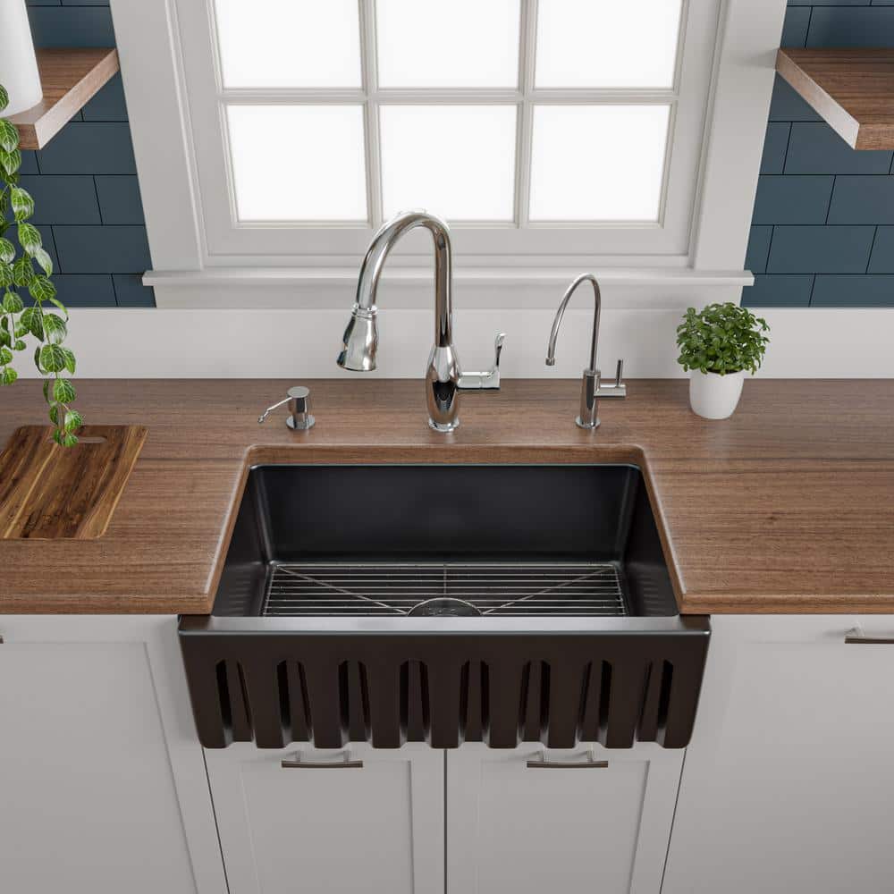 30" Black Gloss Fireclay Farmhouse Drop-in Kitchen Sink