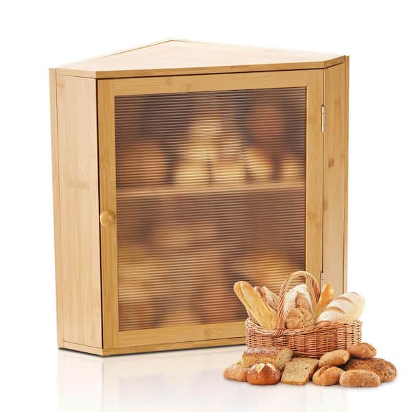 Corner Bread Box for Kitchen Counter, Double Layer Large Capacity Bamboo Bread Storage Container, Wooden Breadbox