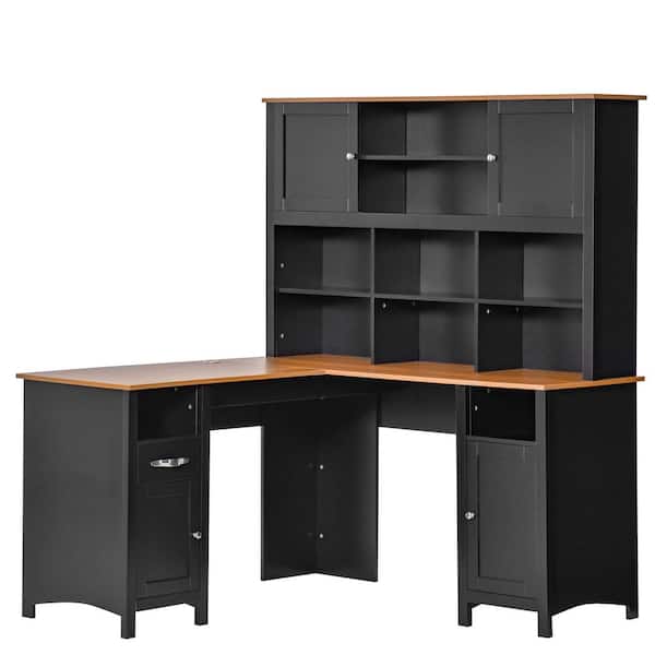 Homcom 58 In L Shaped Black Mdf 1, Black Desk With Hutch And Drawers
