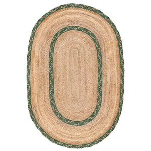 Natural Fiber Beige/Green 4 ft. x 6 ft. Border Woven Oval Area Rug