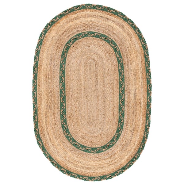 SAFAVIEH Natural Fiber Beige/Green 4 ft. x 6 ft. Border Woven Oval Area Rug