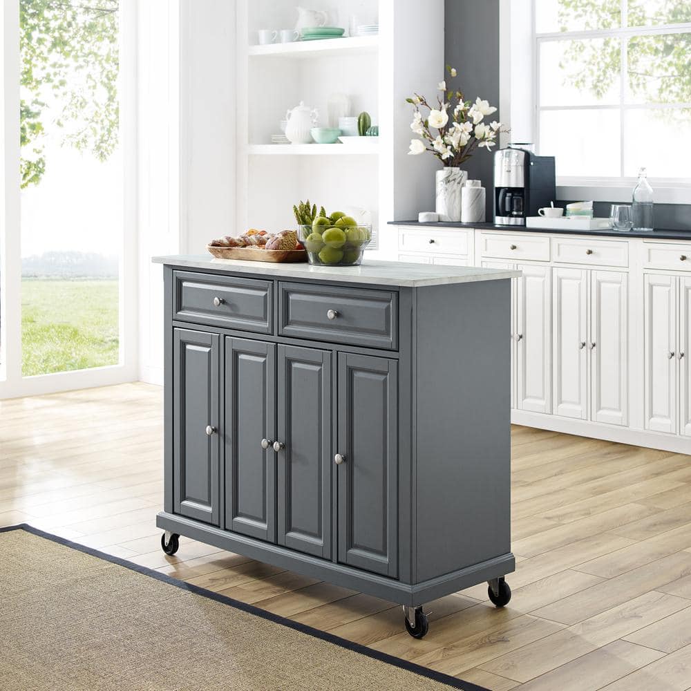 Traditional Gray Granite-Top Birch Kitchen Cart with Nickel Accents
