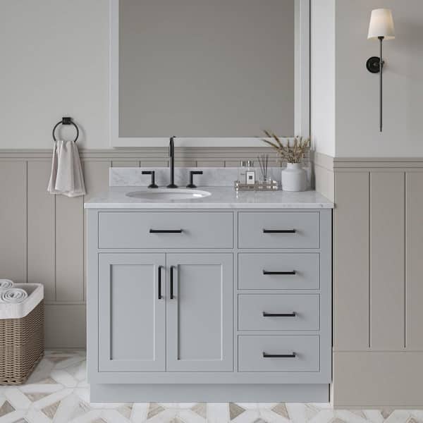 ARIEL Hepburn 43 in. W x 22 in. D x 35.25 in. H Bath Vanity in Grey with Carrara Marble Vanity Top in White with White Basin