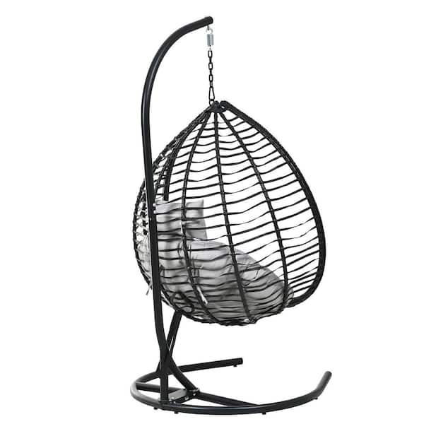 Portable Egg Hammock with Stand Outdoor Swing Chair with Cushion in Black Gray