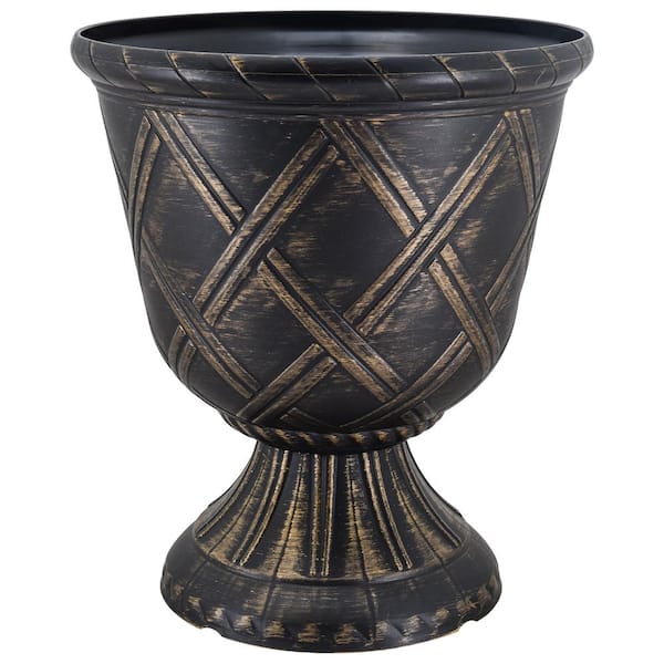 Arcadia Garden Products Lattice 14 in. W x 16 in. Brushed Gold Plastic Urn