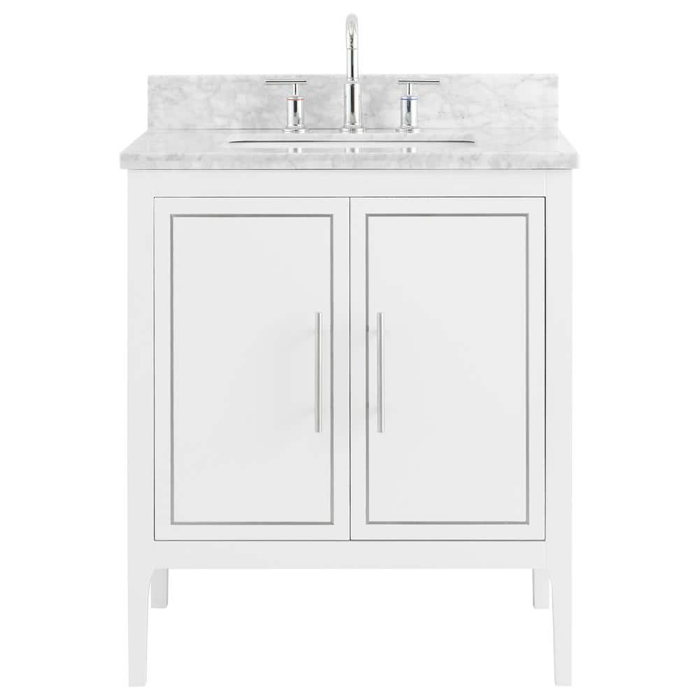 Exeter 30 in. W x 21 in. D x 34 in. H Single Sink Bath Vanity in White with Carrara Marble Top and Ceramic Basin price history on PriceWatchPro