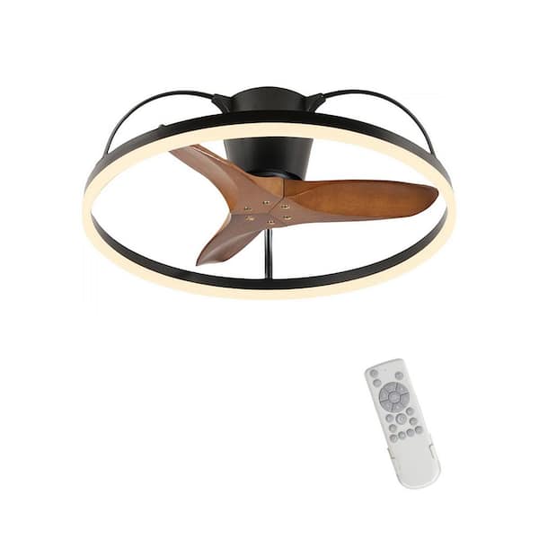 24 in. Low-Profile Ceiling Fan, Black Body, Solid Wood Blades, with Light and Remote, Dimmable LED Flush Mount Fandelier