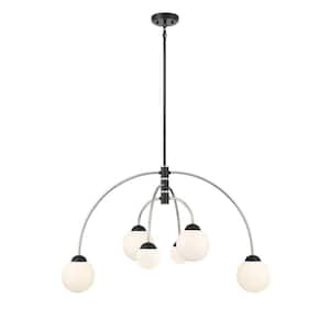 Meridian 6-Light Matte Black with Polished Nickel Chandelier with White Glass Shades