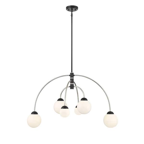 TUXEDO PARK LIGHTING 38 in. W x 22 in. H, 6-Light Matte Black with Polished Nickel Chandelier with White Glass Shades