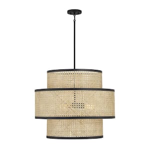 22 in. W x 18 in. H 3-Light Natural Cane and Matte Black Panel Pendant Light with Natural Cane Shade