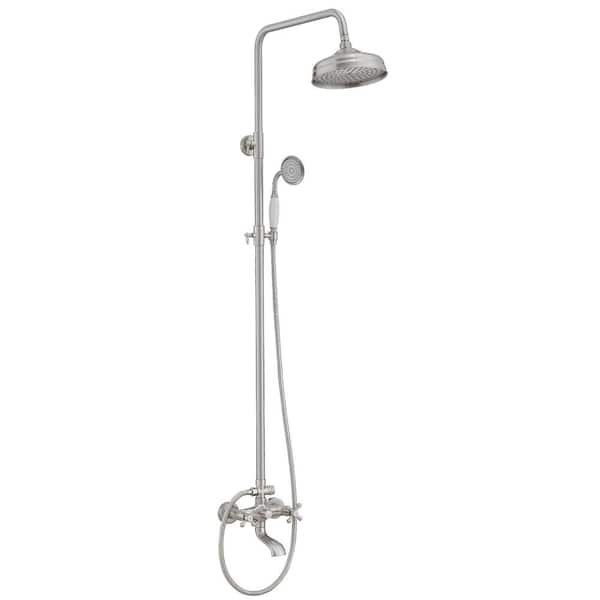 BWE 1-Spray Bathroom Outdoor Wall Bar Shower Kit with Tub Faucet and Double Cross Handle in Brushed Nickel (Valve Included)