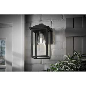 1-Light 12 in. Black Hardwired Transitional Outdoor Wall Lantern Sconce Light with Clear Glass