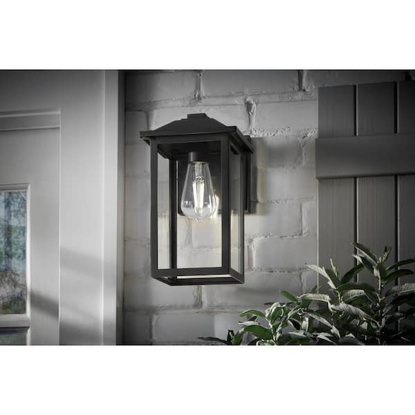 1-Light 12 in. Black Hardwired Transitional Outdoor Wall Light Lantern Porch Sconce with Clear Glass