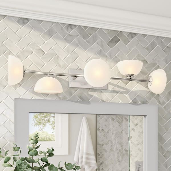 Zio 36 in. 5-Light Polished Nickel Retro Vanity Light with Etched Opal Glass Shades, Includes 5-Light G9 Light Bulbs
