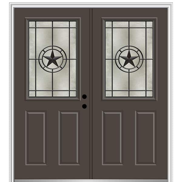 MMI Door Elegant Star 72 in. x 80 in. 2-Panel Left-Hand 1/2 Lite Decorative Glass Brown Painted Fiberglass Prehung Front Door