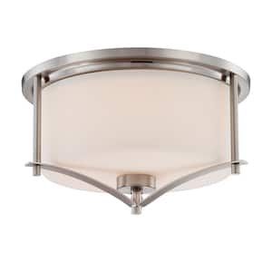 Colton 14.5 in. W x 8.5 in. H 2-Light Satin Nickel Flush Mount Ceiling Light with Opal Glass Shade
