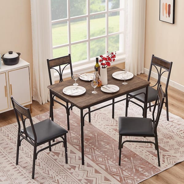 42 in. L 5-Piece Dining Table 1-Kitchen Table and 4-Chairs Metal and Wood Rectangular Brown Dining Room Table (Set of 5)