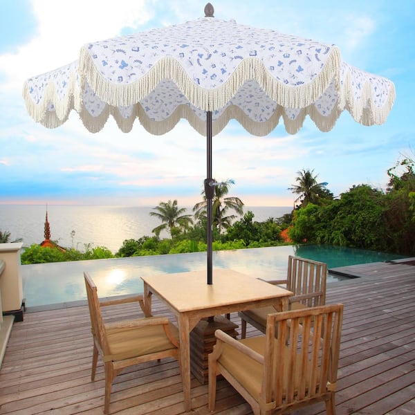 Collins 9 ft. Tassel Market Patio Umbrella with Auto-Tilt, Crank, Wind Vent and UV Protection in Blue/White/Cream