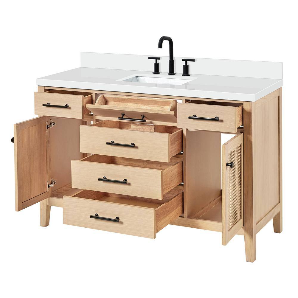 Camila 55" Light Brown Oak Freestanding Bathroom Vanity with White Quartz Top