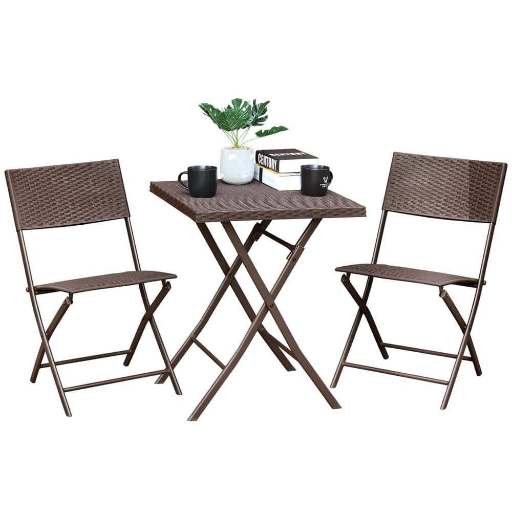 Afoxsos Brown 3-Piece Rattan Wicker Outdoor Bistro Set 1 Foldable Table ...