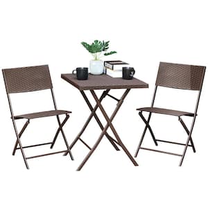 Brown 3-Piece Rattan Wicker Outdoor Bistro Set 1 Foldable Table and 2 Chairs Set
