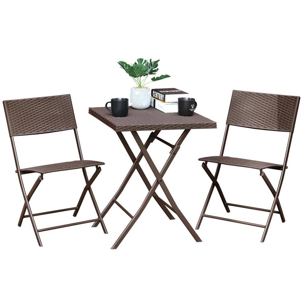 Brown Folding Brown 3-Piece Wicker square Table 28.1 in. H Wicker Outdoor B