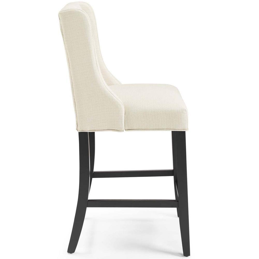 Beige Tufted Button Luxe Fabric Counter Stool with Solid Wood Legs