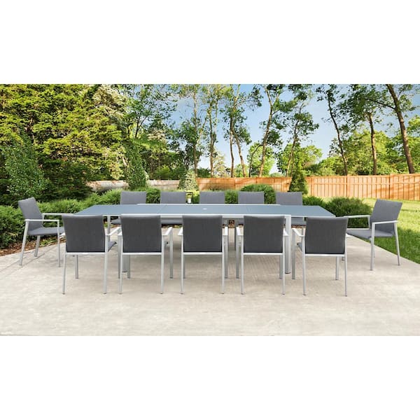 Luzzi Light Gray 13-Piece Aluminum Outdoor Dining Set with Sling Set in Midnight Grey