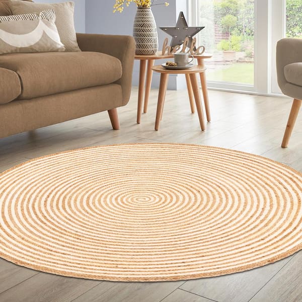 Braided Ivory 10 ft. Round Transitional Reversible Jute Area Rug