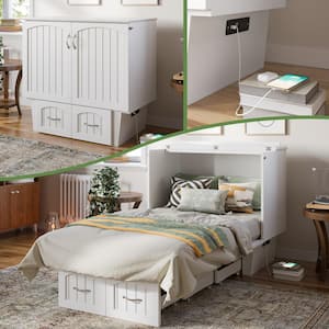 Sydney Twin White Solid Wood Murphy Bed Chest with Storage Drawer and Charging Station