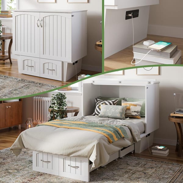 AFI Sydney Twin White Solid Wood Murphy Bed Chest with Storage Drawer and Charging Station