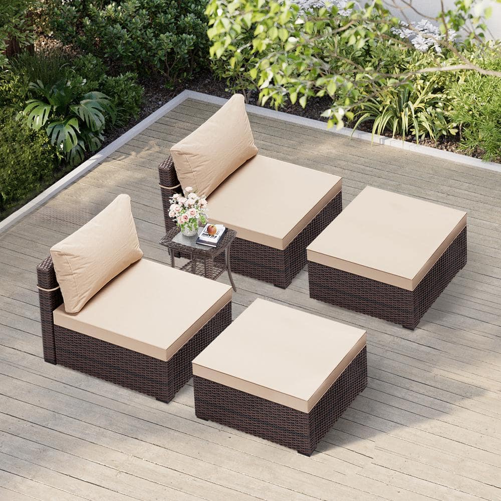 5-Piece Patio Conversation Seating Set with Ottomans in Beige