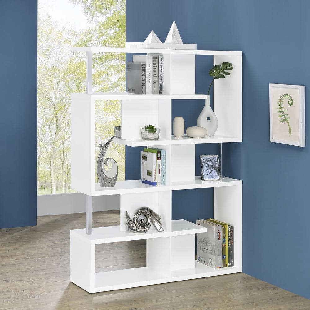 Modern White Zig Zag 5-Tier Bookcase with Chrome Accents