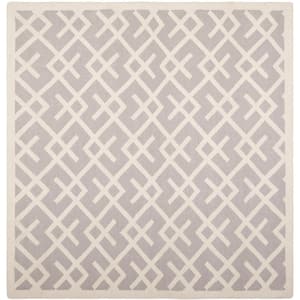 Dhurries Grey/Ivory 8 ft. x 8 ft. Square Geometric Border Area Rug