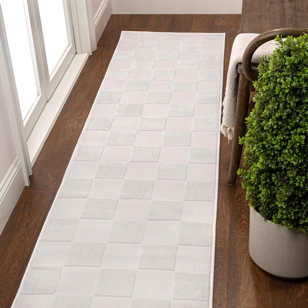Thea Modern Geometric Checkerboard High-Low White/Cream 2 ft. x 8 ft. Runner Rug