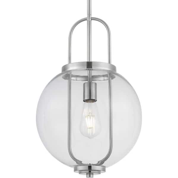 Progress Lighting Mitchella 12 in. 1-Light Brushed Nickel Mid-Century Modern Pendant Liight with Clear Glass Globe Shade for Kitchen