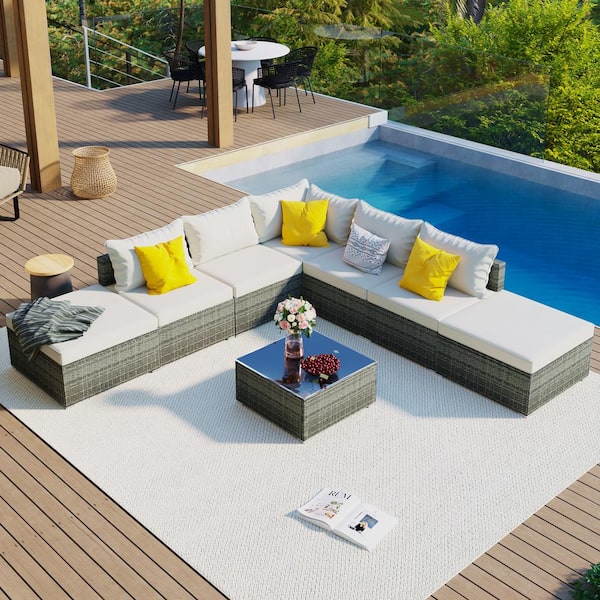 Unbranded 8-Pieces Gray Wicker Outdoor Sectional Set Patio Conversation Set with Beige Cushions
