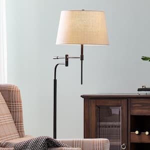 61 in. Swing Arm Black Metal Floor Lamp with Fabric Shade
