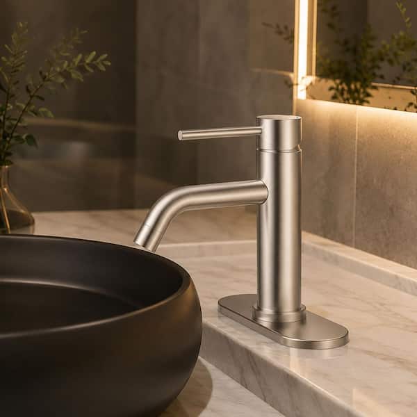 Single Handle Mid-Arc Bathroom Faucet with Deckplate and Pop Up Drain in Brushed Nickel