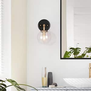 Modern 5.5 in. 1-Light Vintage Gold Wall Sconce with Matte Black Accents and Seeded Glass Globe Shade