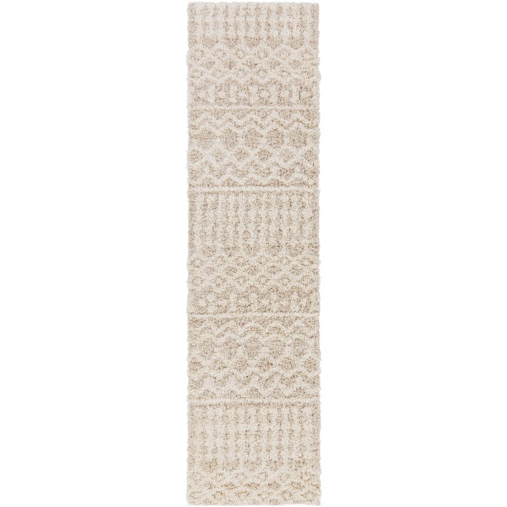 Beige Plush Shag Runner Rug with Synthetic Fibers, 2'7" x 10'