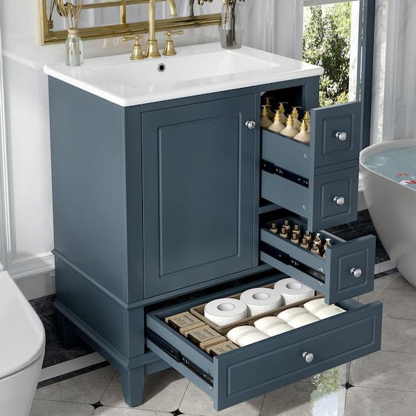 24 in. Single Sink Freestanding Blue Gray Bath Vanity with White Ceramic Top, 3 Drawers, Soft Close Doors, Unassembled
