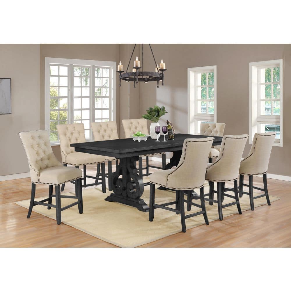 Dark Gray Wood Counter Height Dining Set with Beige Linen Chairs