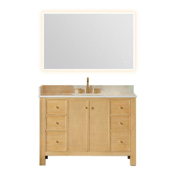 Altair Cedar 48 in. Single Freestanding Natural Wood Bath Vanity with Grain White Engineered Stone Top Assembled, Mirror