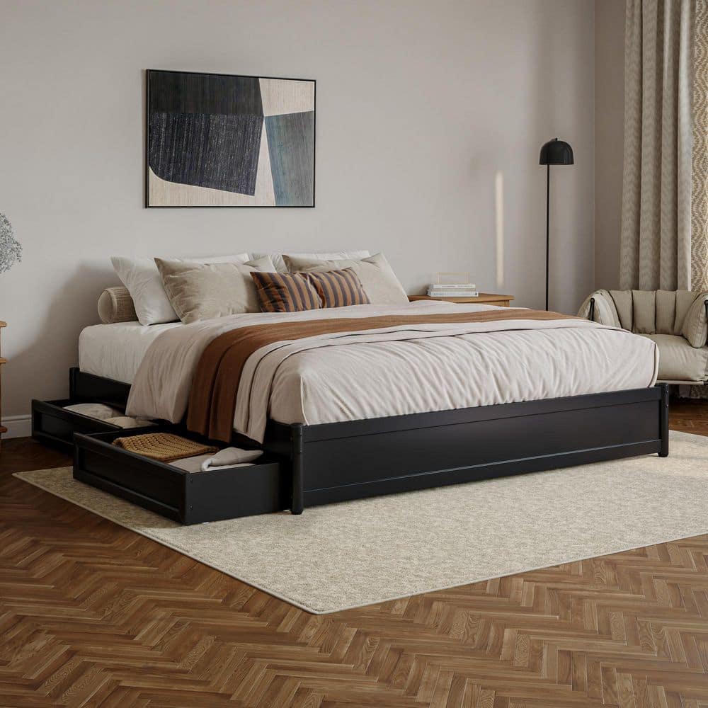 Barcelona Black Solid Wood Frame King Panel Platform Bed with Storage Drawers price history on PriceWatchPro