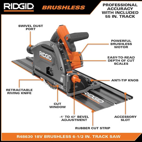 RIDGID 18V Brushless Cordless Track Saw (Tool Only) with (2) 27 -1/2in. Tracks, (1) 60 in Track, and (4) Connector Bars