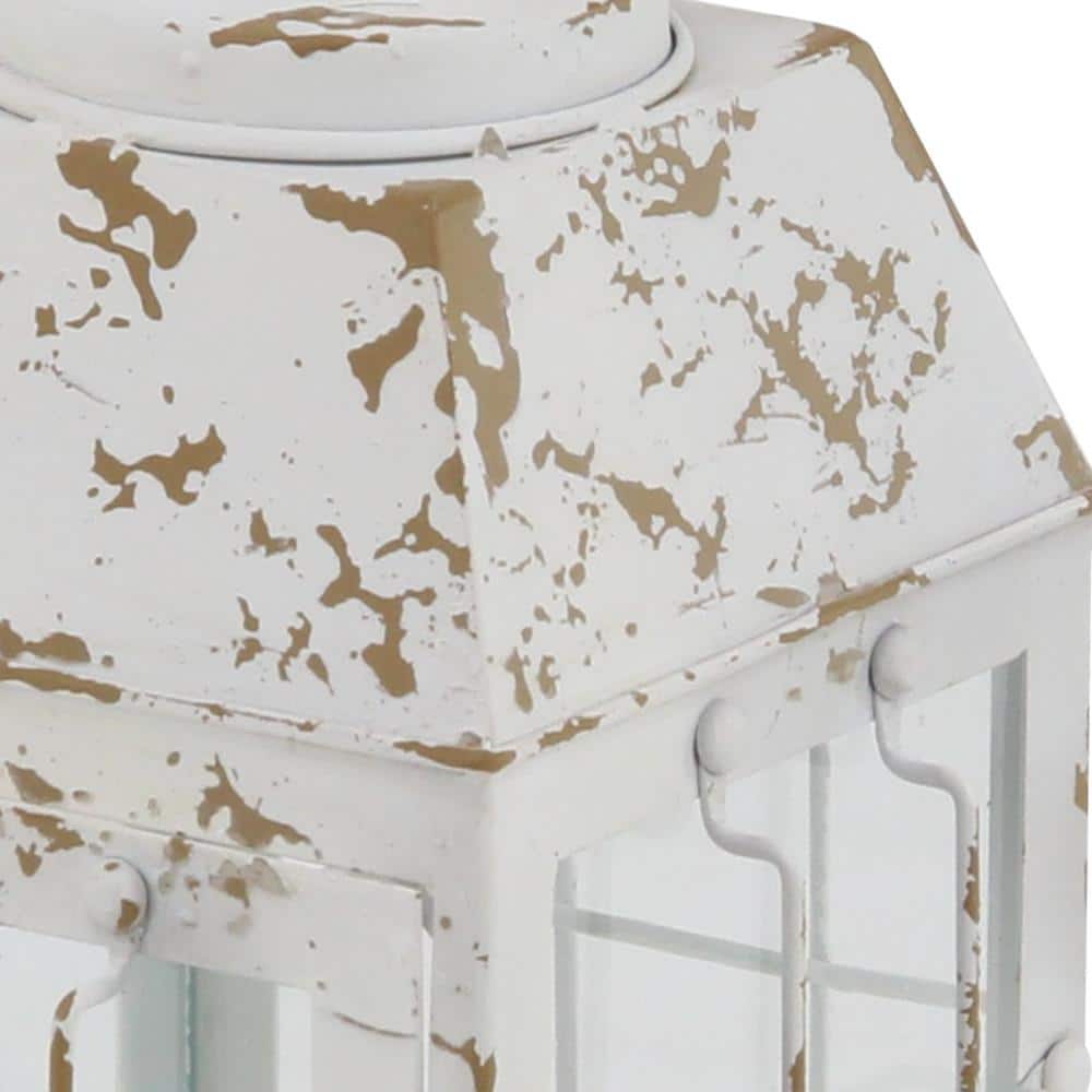 Vintage White Metal Candle Lantern with Distressed Finish - 7"x14"