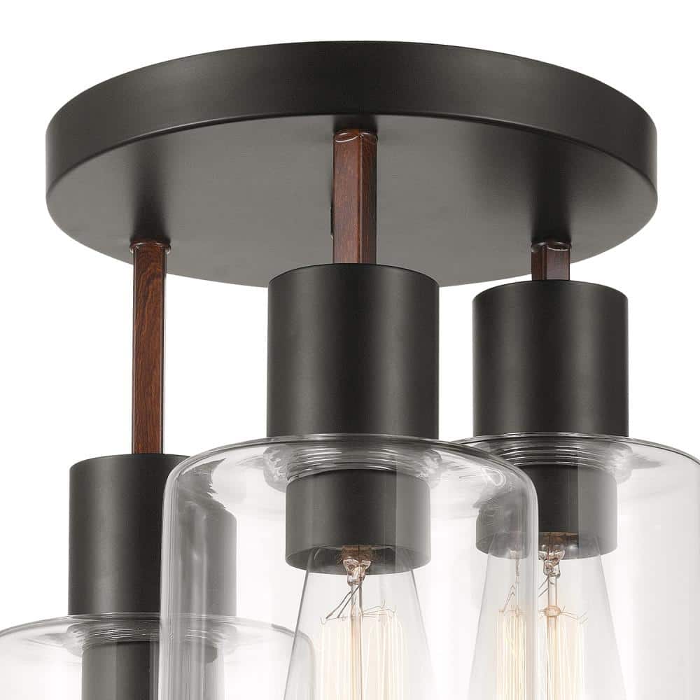 Sedona 12" Matte Black 3-Light Flush Mount with Clear Glass Shades