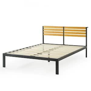 Kasi Black Metal Shelf Solid Pine Wood Platform Bed with Panel Headboard, Queen